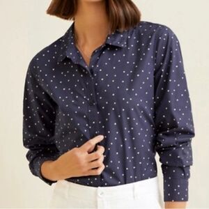 Garnet Hill Essential Organic Cotton Button-Down Navy White Polka Dots Size 16